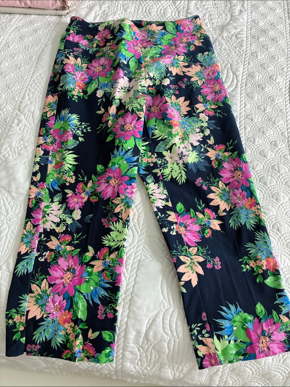 Zac & Rachel Floral Capris in Navy with Pink & Green Blooms